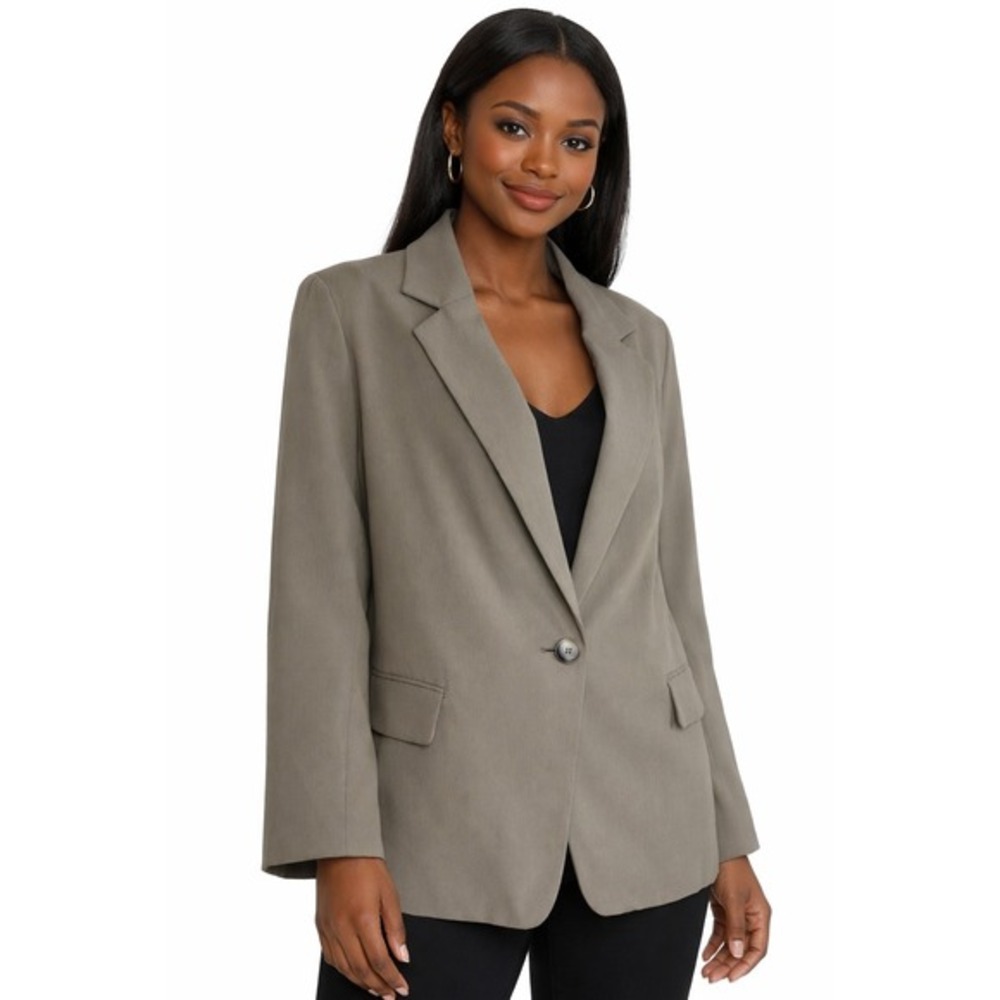 H&M Single Button Blazer Taupe Brown Lined Jacket L Modern Preppy Career 51-02